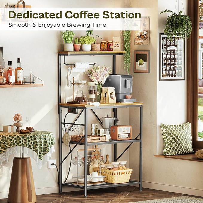 Huuger 4-Tier Bakers Rack with Reversible Power Outlet, 23.6 Inch Microwave Stand with Paper Towel Holder, Kitchen Bar, Larger Storage with Top Shelf, 6 S Hooks, Rustic Brown