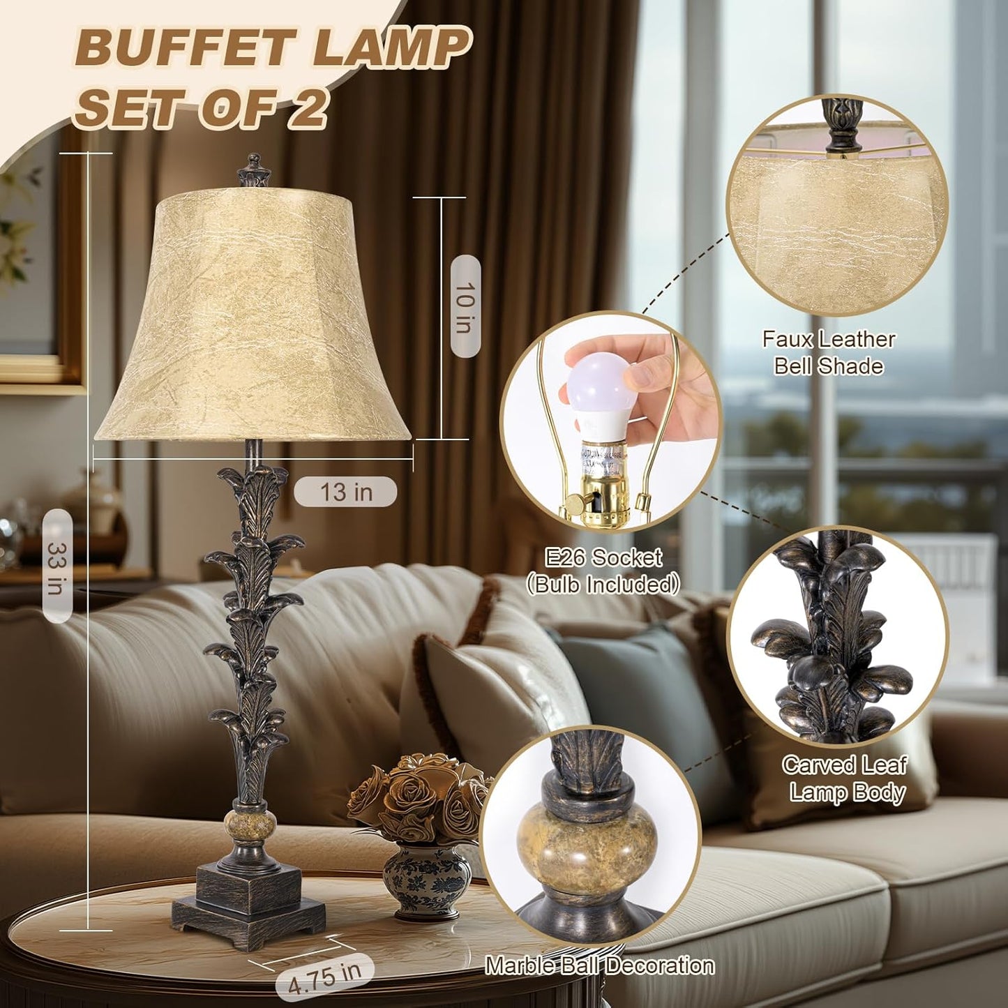 Table Lamps Set of 2 for Living Room, 33'' Tall Bedside Table Lamps with 3 Way Dimmable Bulbs, Farmhouse Buffet Lamps with Laux Leather Shades, Vintage Brown Desk Lamps for Nightstand Bedroom Office
