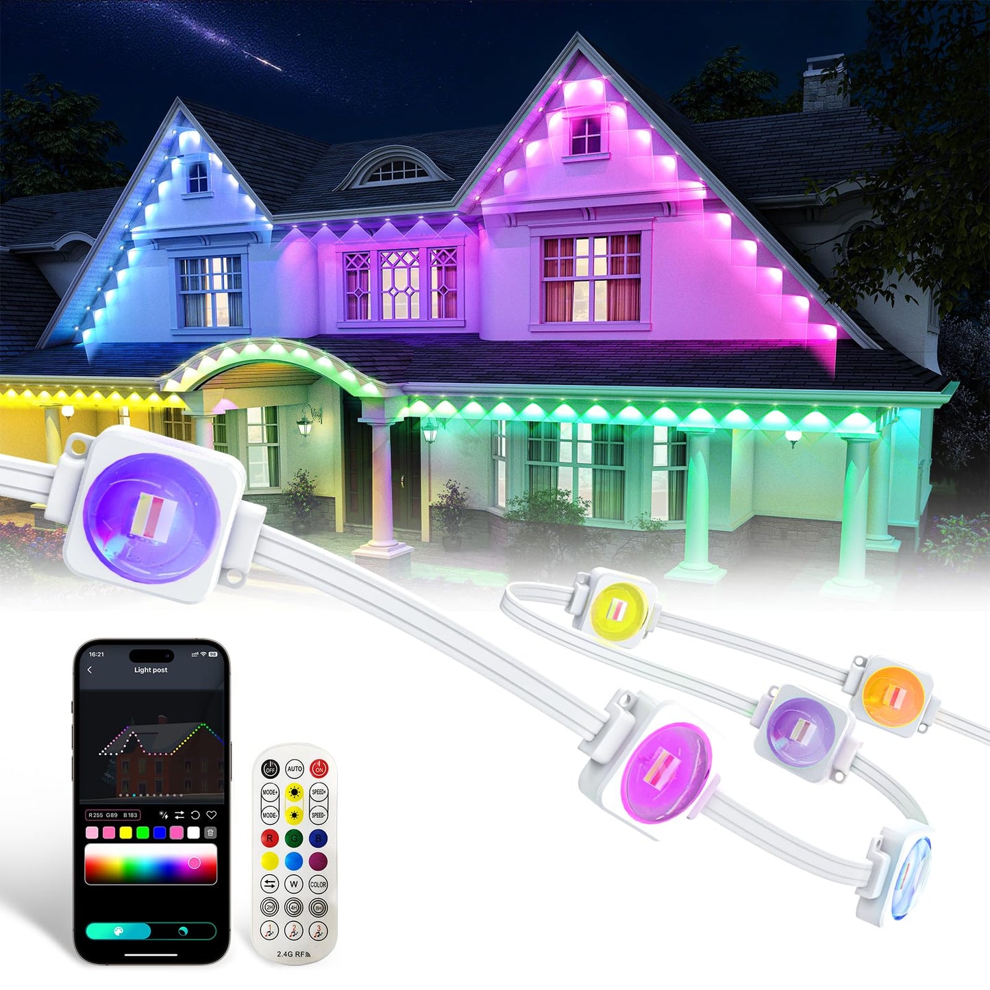 Mimirgb Permanent Outdoor Lights 16Ft Rgb Ic Outdoor Lights With 10 Led Lights For House Roof Christmas Holiday Party Daily Lighting Ip67 Waterproof Eaves Light With Multi Scene Modes For Halloween