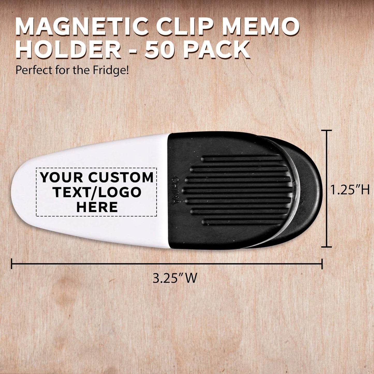 50 Magnetic Memo Holders Set - Customizable Text, Logo - Large Clip, Plastic - White Black