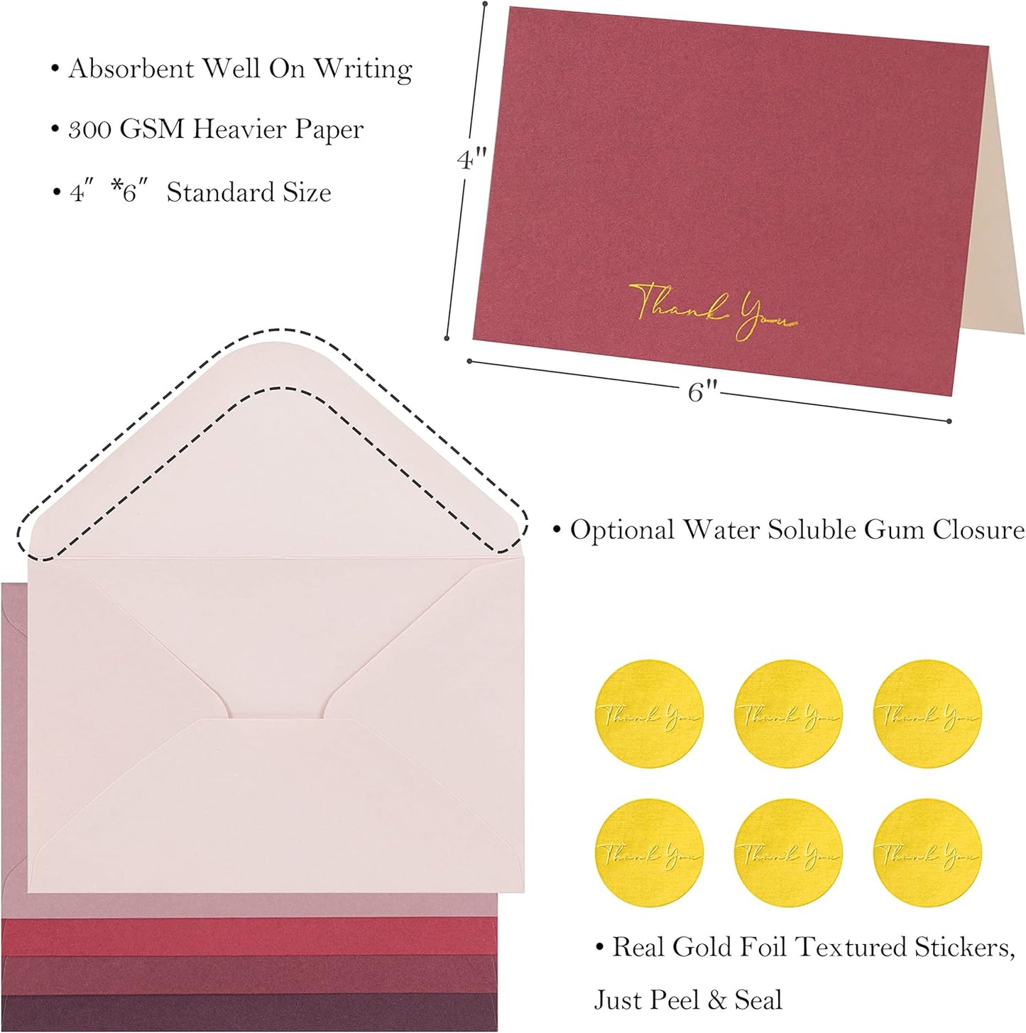Crisky Burgundy Red Thank You Cards with Envelopes & Stickers， 50 Pack Bridal Shower Graduation Thank You Cards Small Business, Wedding Baby Shower Birthday Funeral Notes Bulk