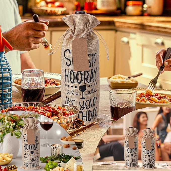 SIRIPHUM Burlap Wine Bags,2PCS Birthday Wine Bottle Gift Bags,Drawstring,Gift Tags,Bottle Cover Tabletop Birthday Party Decor (“Sip Sip Hooray”-2 Colors)