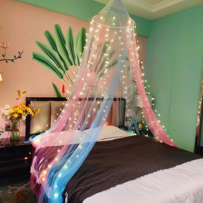 Eimilaly Two-Tone Bed Canopy Mosquito Net Pink Blue with Warm Lights, Bed Canopy for Girls Room Decor, Single Door