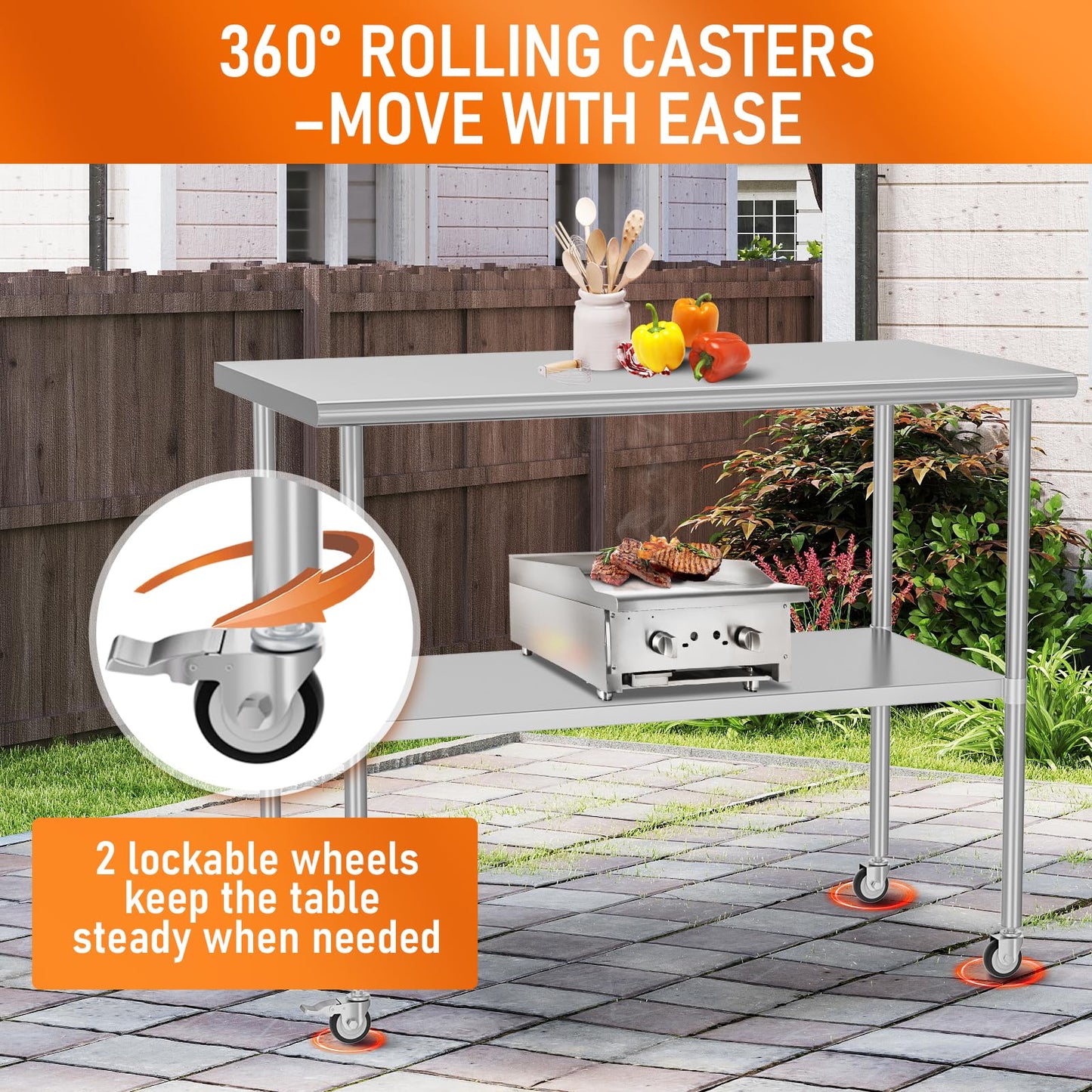 HOCCOT Stainless Steel Table with Wheels 30" x 48" Utility Worktable with Adjustable Undershelf for Commercial Kitchen, Garage, Restaurant