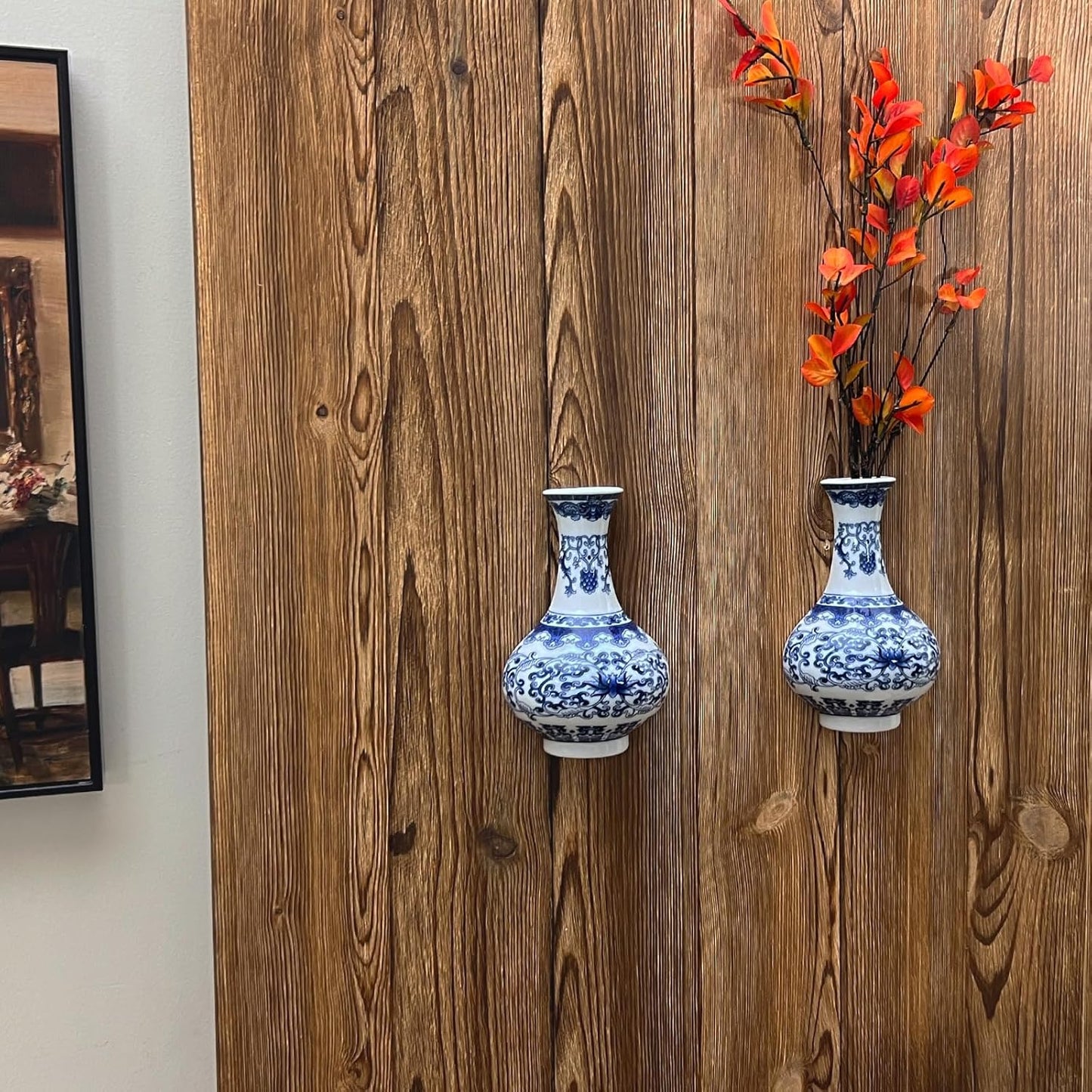 Set of Two Blue and White Porcelain Wall Vases for Flowers – Handmade Chinoiserie Ceramic Wall Mounted Flower Vase, Decorative Hanging Vases for Living Room, Bookshelf & Indoor Décor
