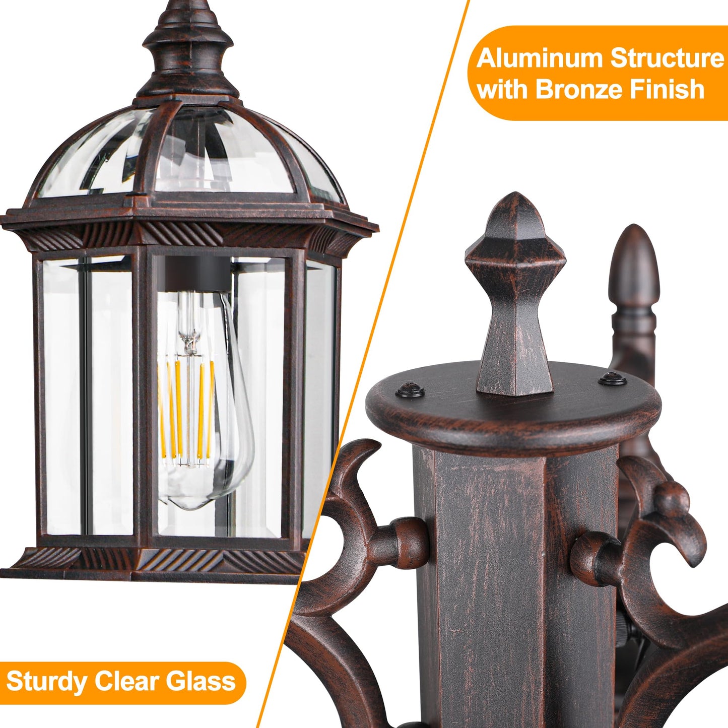 PARTPHONER Dusk to Dawn Outdoor Lamp Post Light, Triple Head Aluminum, Waterproof, Bronze, Model PA1201
