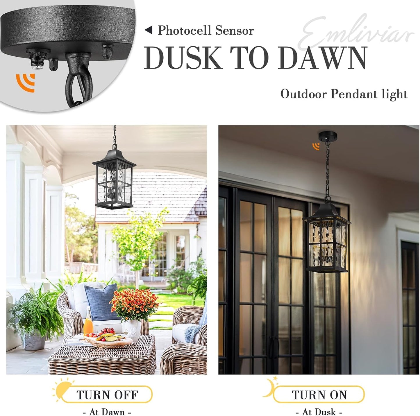 Emliviar 15.4 Inch Adjustable Exterior Lantern Hanging Light, Dusk to Dawn Sensor Hanging Lantern Light Fixture, Water Ripple Glass, 2 x E12 Bulb Base, YXE306H-M-PC BK-SW
