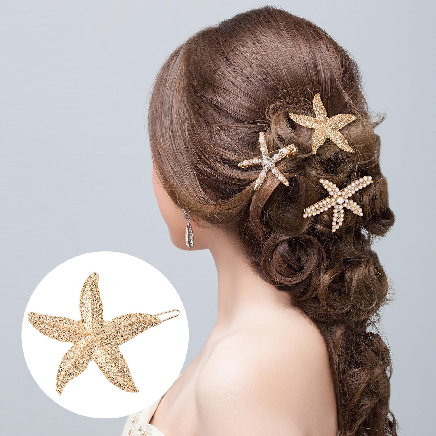 PAGOW 3 PCS Starfish Hair Clips, 3 Styles Gold Rhinestone Pearls Hair Clips, Faux Pearl Crystal Sea Star Wedding Headpiece Hair