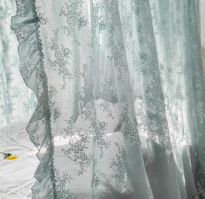 Mengersi Canopy Bed Curtains with Tie Backs,Bed Canopy Curtains Bed Drapes Sheer Lace Curtains for Bedroom Decor（Queen,Sage Green