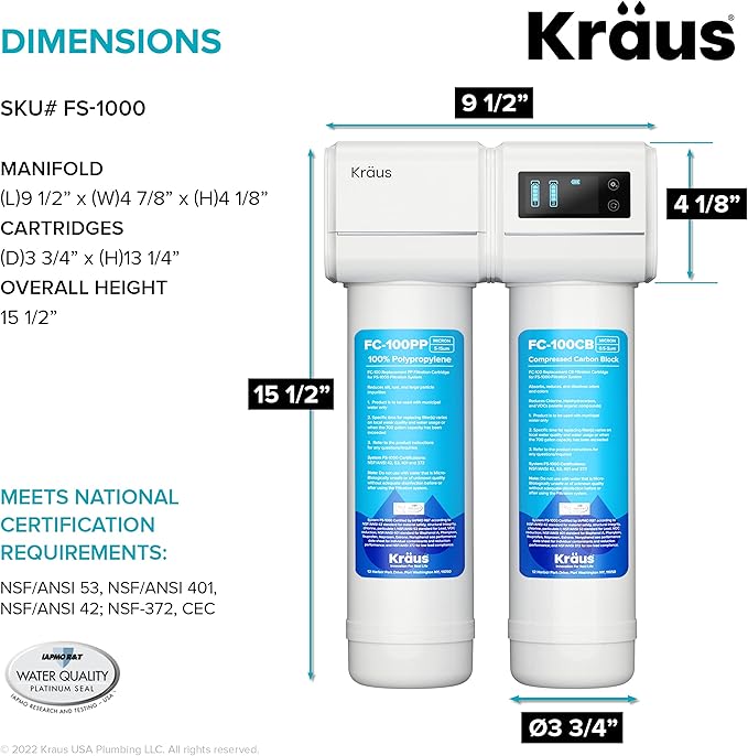 KRAUS Purita 2-Stage Under-Sink Filtration System with Single Handle Drinking Water Filter Faucet in Brushed Brass, FS-1000-FF-104BB