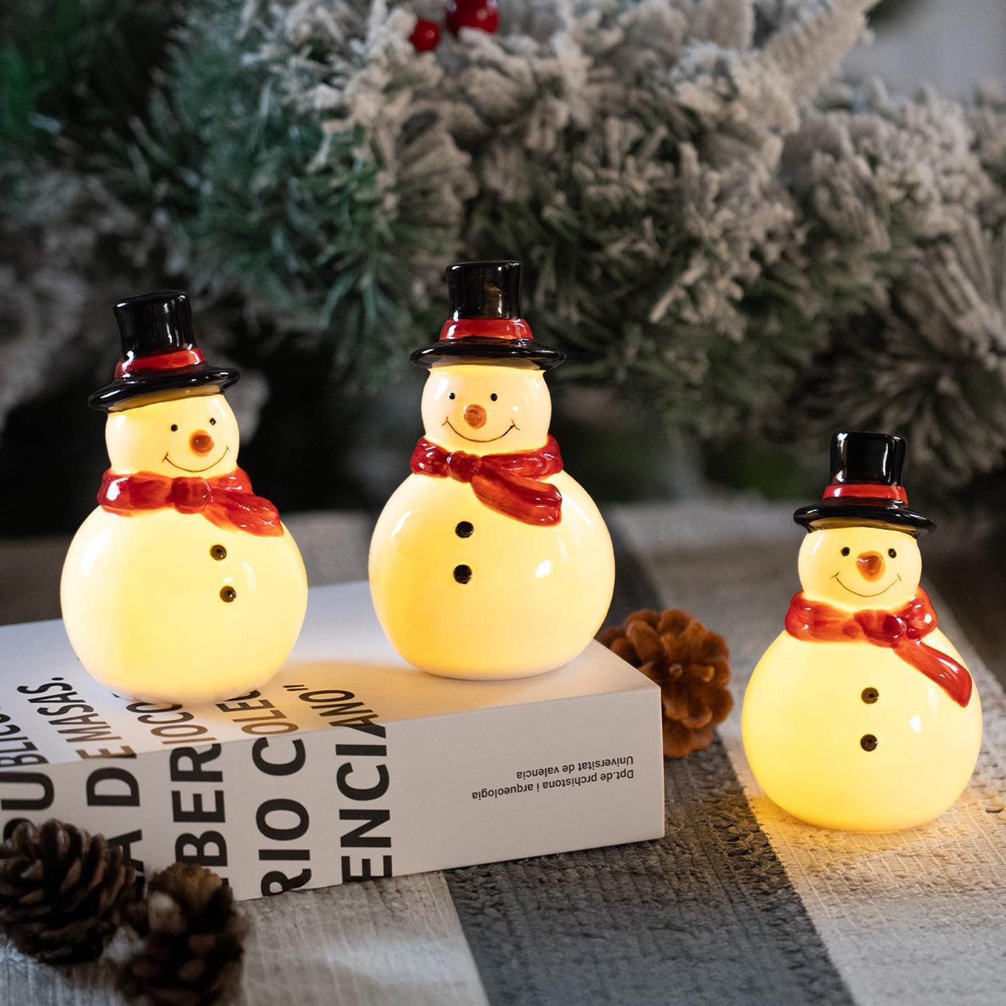 Nerosun Christmas Snowman Figurines  3 Pack Ceramic Cute Led Lighted Snowman Tabletop Christmas Decorations  Light Up Table Ornaments For Indoor Cabinet Mantel Fireplace Winter Xmas Decor