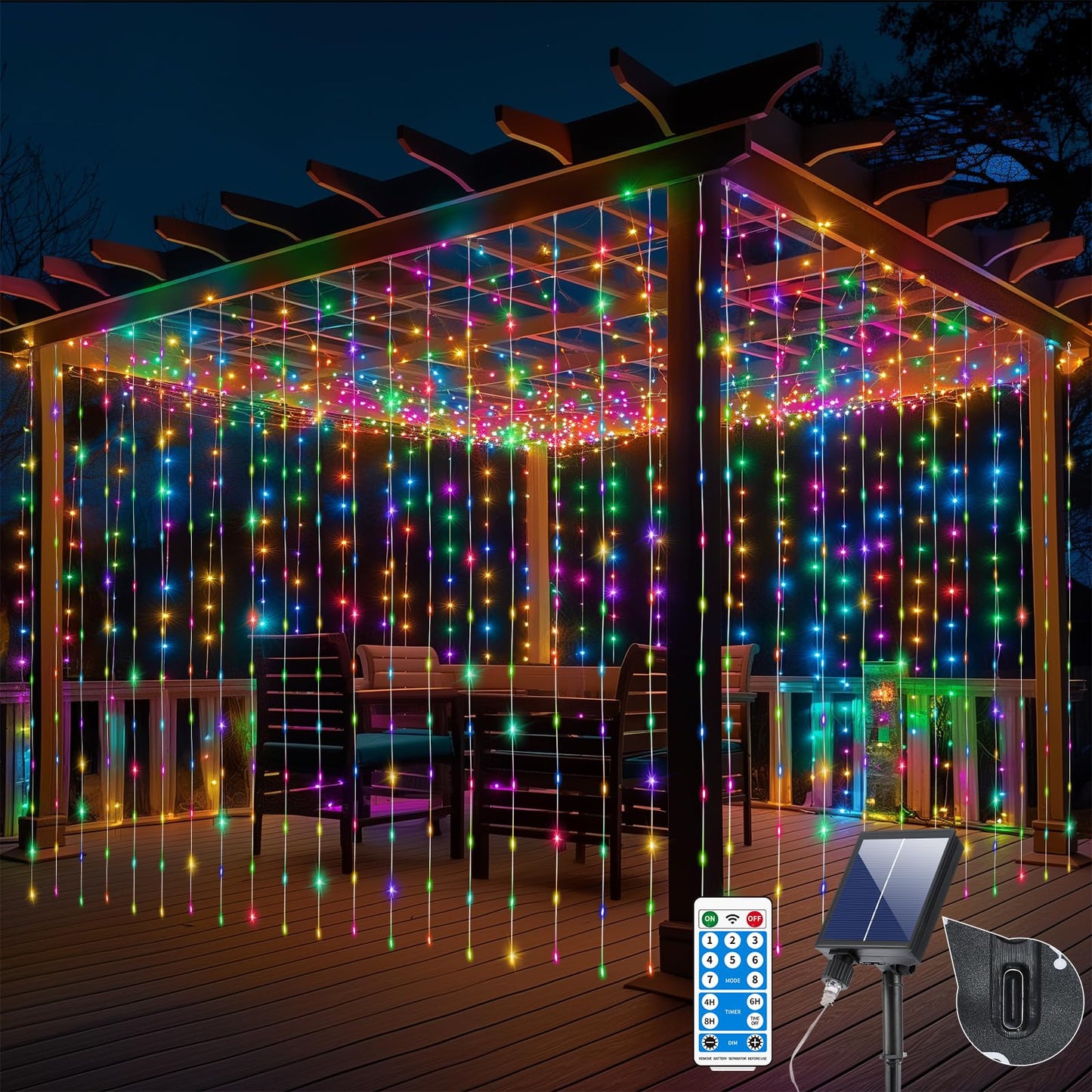 RCNDJE 300LED Solar Curtain Lights, Waterproof Twinkle String Fairy Lights, 10 Feet, Multi Color, USB Rechargeable, Remote Control