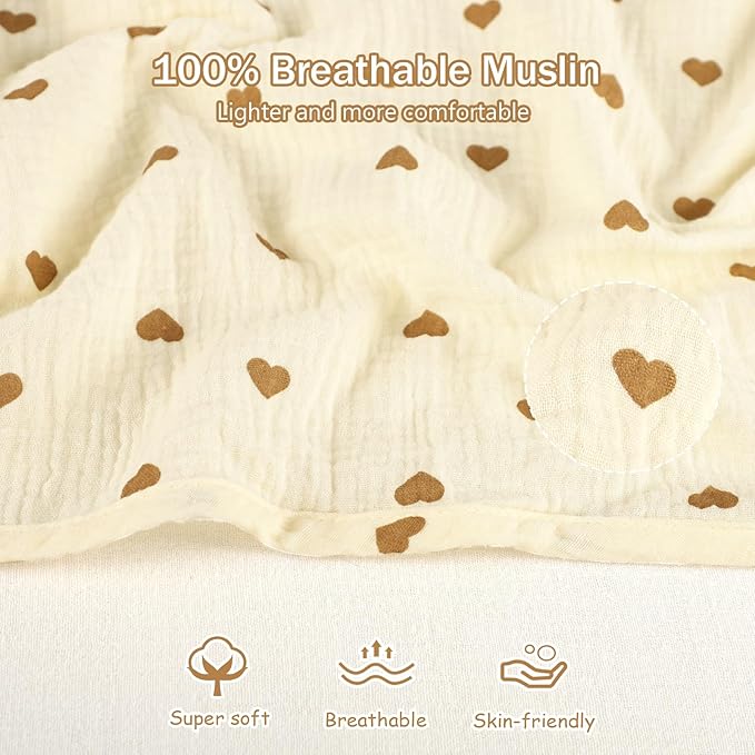 Hooyax 2-in-1 Baby Car Seat Cover & Nursing Cover, 100% Muslin Cotton, Breathable Car Seat Canopy and Privacy Breastfeeding Cover, Tiny Heart
