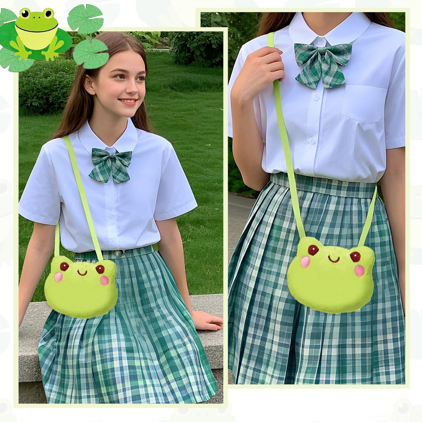 YBEATY Green Frog Crossbody Bag Cute Plush Animal Soft Backpack Shoulder Mini Cartoon Purse with Chain Strap Portable Practical Wallet Backpack for Women Adults Everyday Party Accessories