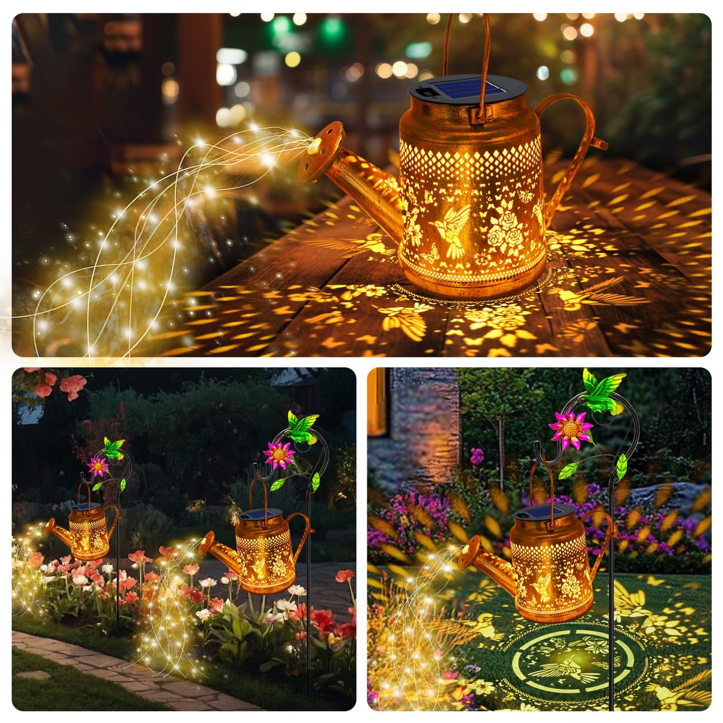 2 Pack Solar Lanterns Outdoor Waterproof Hummingbird Watering Can Garden Decor Hanging Solar Path Lights Yard Art Outside Patio Decorations Gardening Birthday Gifts For Mom Grandma Women (Warm White)