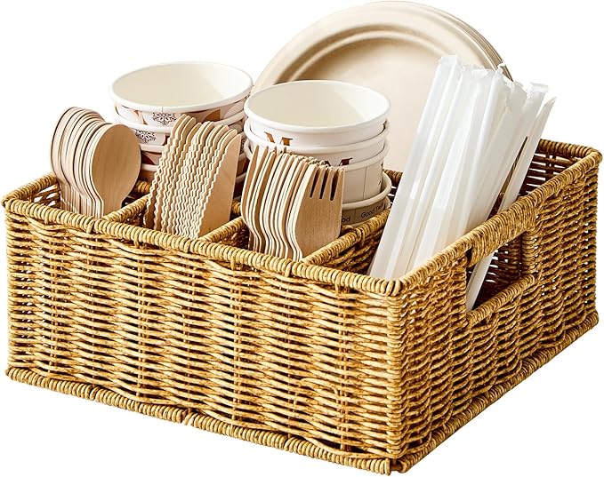 Utensil Holder for Party, Paper Plate Dispenser for Countertop, Silverware Caddy for Picnic, Cutlery Holder for Kitchen Camping Buffet, Wicker Basket with 6 Compartments