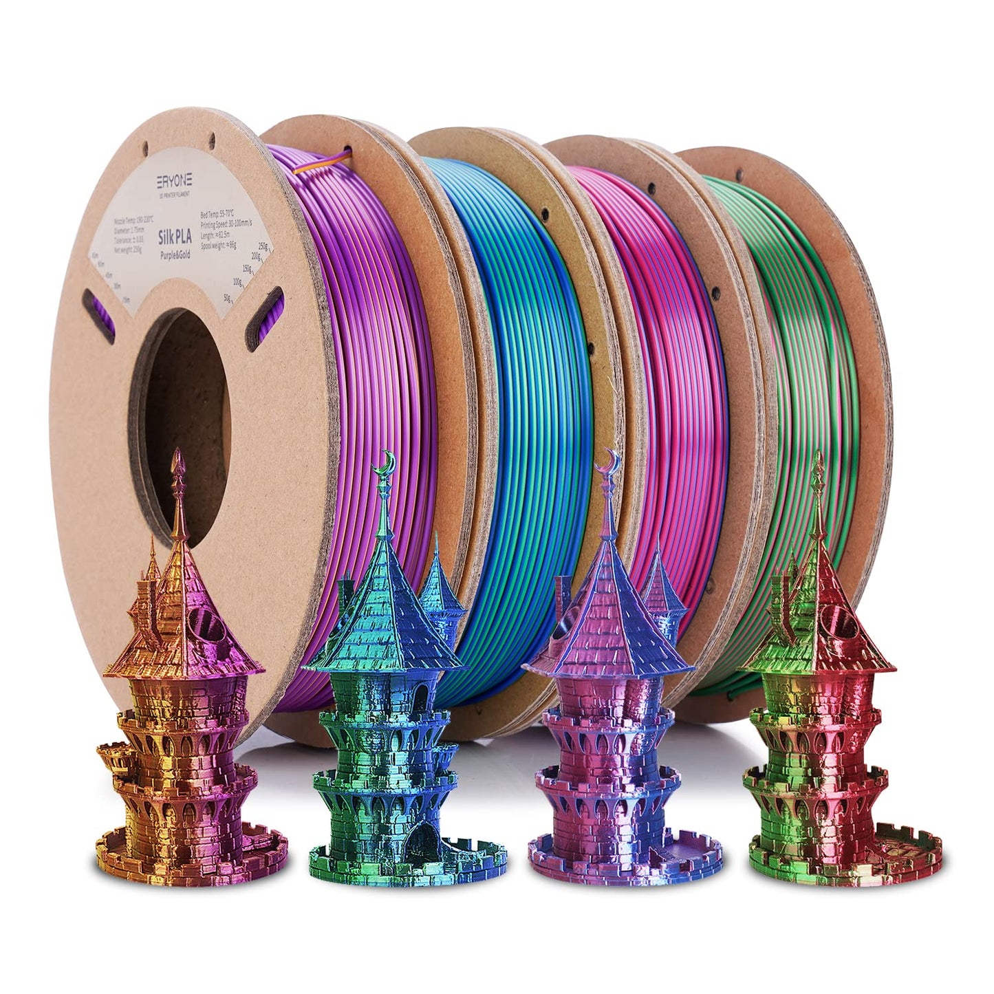 ERYONE Silk Dual Color Filament PLA 3D Printer 1.75mm +/-0.03 mm, Silk Coextrusion PLA Shiny Filament 0.25kg/Spools,4Pack(2.2lbs