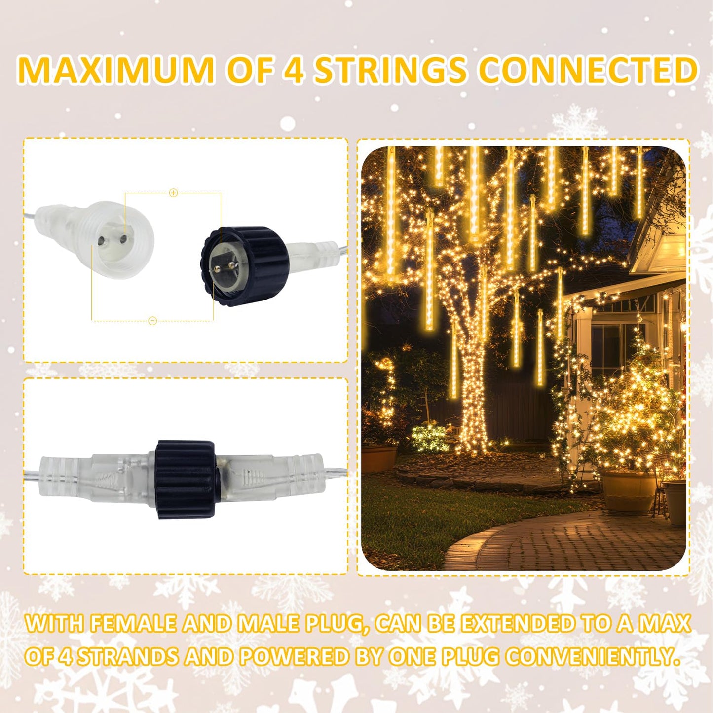 2-Pack Extendable Meteor Shower Christmas Lights Outdoor  16 Tubes 384 Leds Waterproof Falling Rain String Lights  Christmas String Lights Outdoor For Tree Patio Garden Holiday Decorations(Warm White)