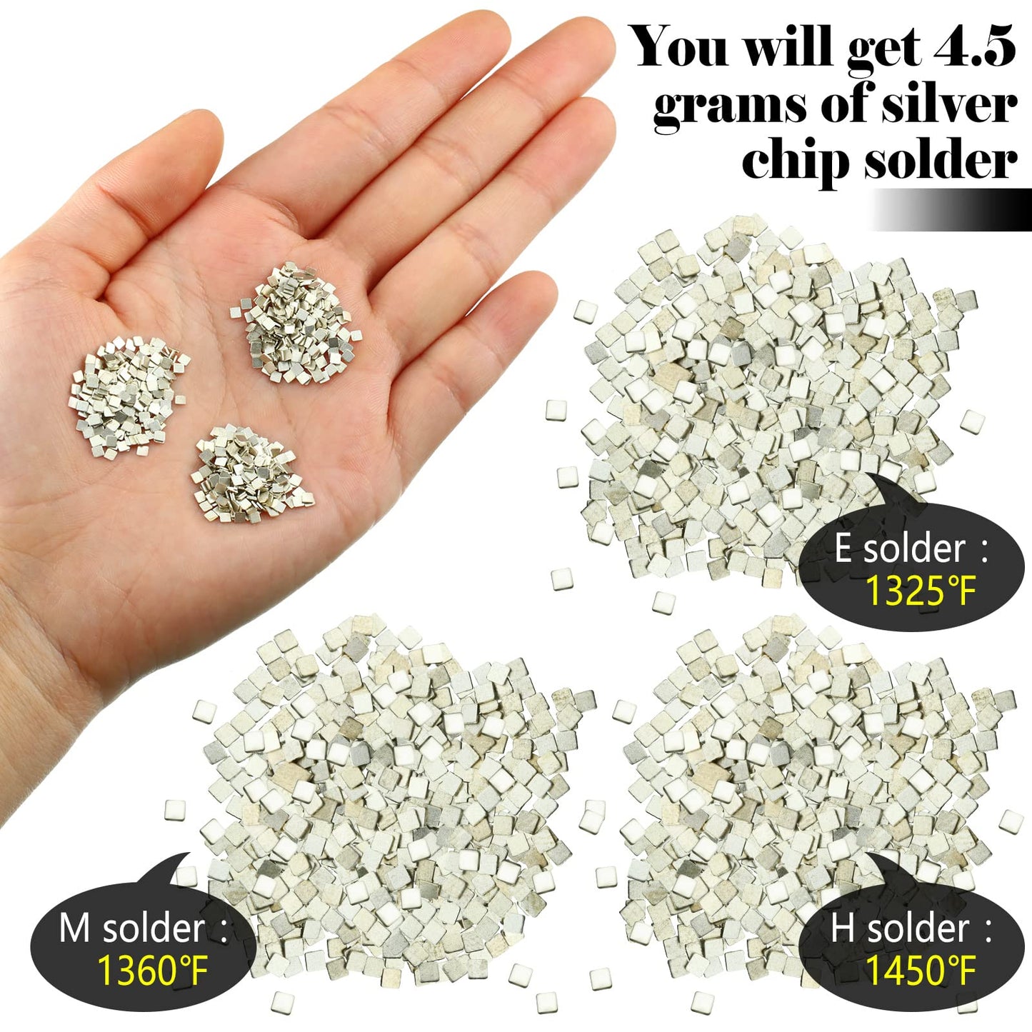 About 500 Pcs 4.5 Grams Silver Solder Jewelry Precut Chips Solder Ultra Tiny Medium Density Easy Bond for Jewelry 2 x 2 mm (E, M, H)