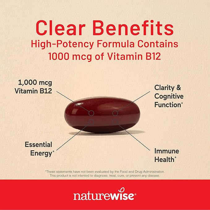 NatureWise Vitamin B12 1000 mcg - Dietary Supplement for Supporting Energy Metabolism, Mental Clarity, Nervous System Health - Easy-to-Swallow, Soy & Gluten-Free, Non-GMO - 360 Count[1-Year Supply]
