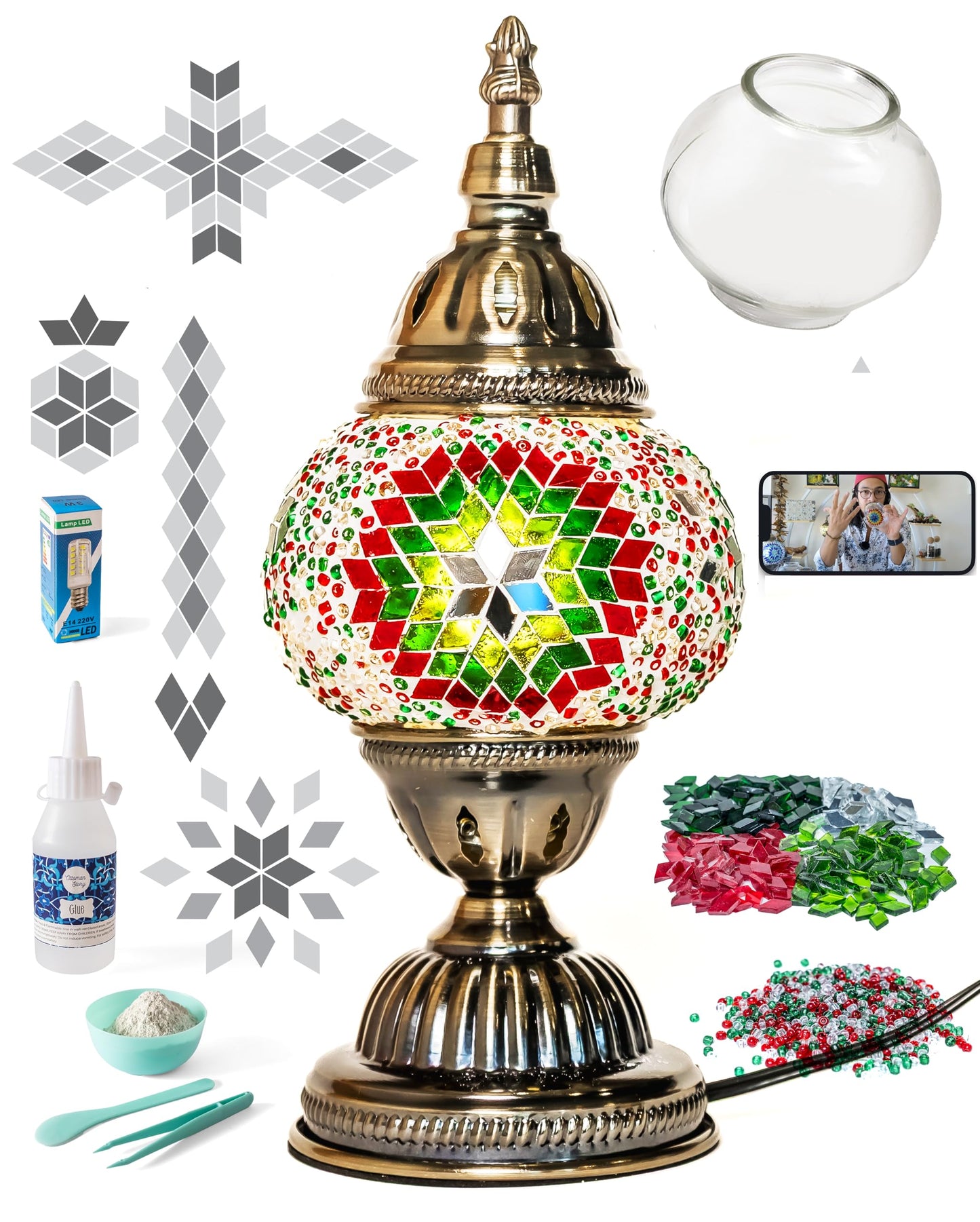 KRAFTSTORIES Turkish Mosaic Lamp Kit DIY Glass Night Light, 11 inches, Antique Bronze Base, Christmas