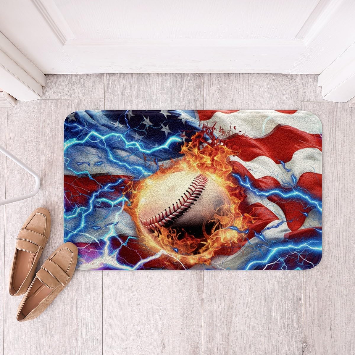 Feelyou 3D Baseball Soft Fleece Door Carpet American Flag Polyester Bath Rug for Kids Boys Girls Fire Ball Sports Non Slip Bath Mat Retro USA Flag Bathroom Floor Indoor Doormat,20x32 Inch
