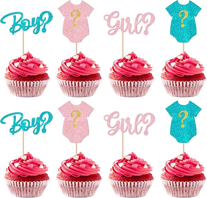 Rsstarxi 24 Pack Gender Reveal Cupcake Toppers Glitter Boy or Girl Cupcake Toppers Pink or Blue Baby Shower Cupcake Picks Decors for Gender Reveal Baby Shower Party Cake Decorations