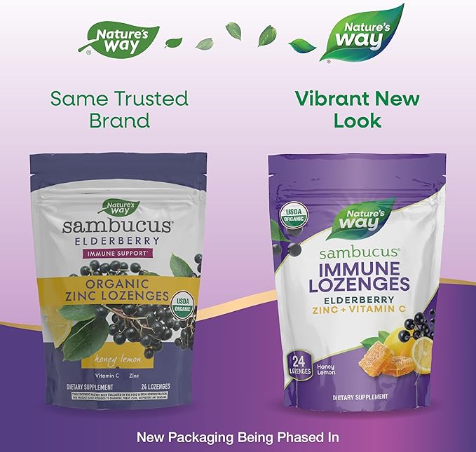Nature's Way Sambucus Immune Lozenges, Zinc, Vitamin C, Elderberry, Immune Support*, USDA Organic, Honey Lemon Flavor, 24 Lozenges (Packaging May Vary)