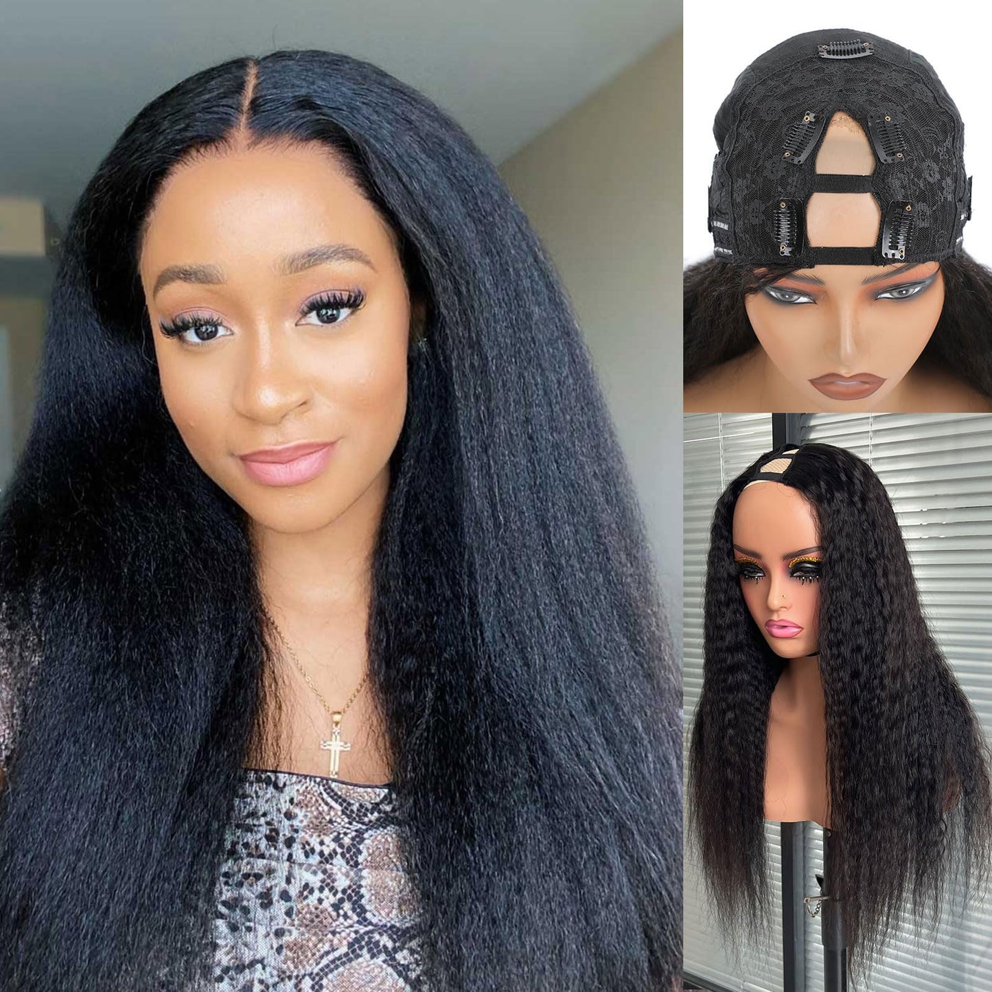 DSEKCAIN Kinky Straight V Part Wig Human Hair Glueless Clip In 100% Real Human Hair Yaki Straight V part Wigs No Glue No Sew In