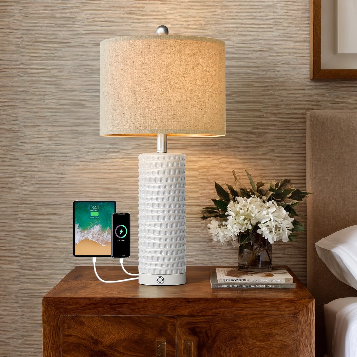PORTRES 24in Ceramic Touch Table Lamp Set of 2, Dimmable, USB Charging Ports, White, Model AMZ-T1062WH-TU