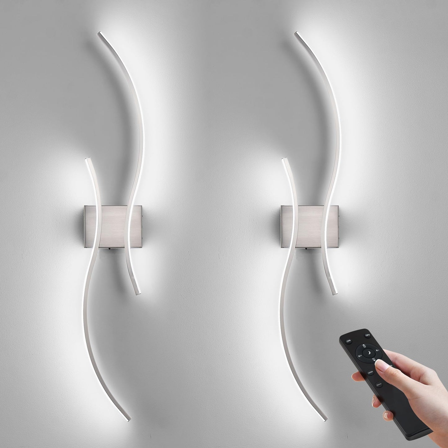 KARTOOSH Battery Operated Wall Sconces Set of 2, Remote Control, Stepless Colors 3000K-6000K, Nickel, 39.3 Inch, Model Z