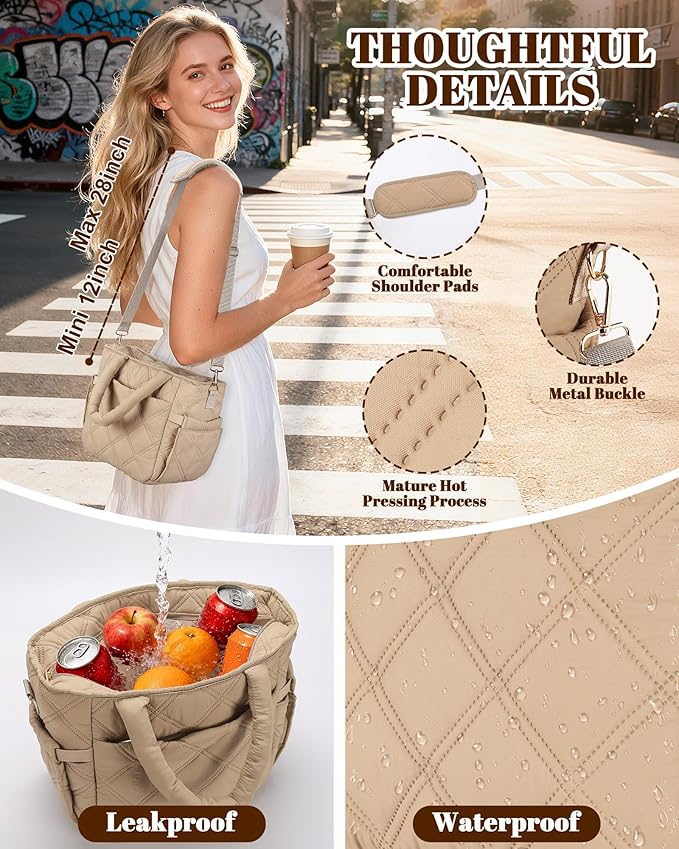 Insulated Lunch Box for Women Men, Soft & Puffy Lunch Bag, Large Capacity Leakproof Reusable Tote Cooler Bag with 4 Pockets, Adjustable Strap, Ideal for Work, Outdoors, Picnic, Travel (Khaki)