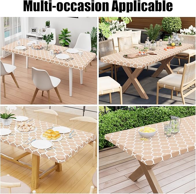 Smiry Rectangle Picnic Table Cover, Waterproof Elastic Fitted Camping Tablecloths for 5 Foot Tables, Wipeable Flannel Backed Vinyl Tablecloth Protector for Indoor, Outdoor (Khaki, 36x60 Inches)