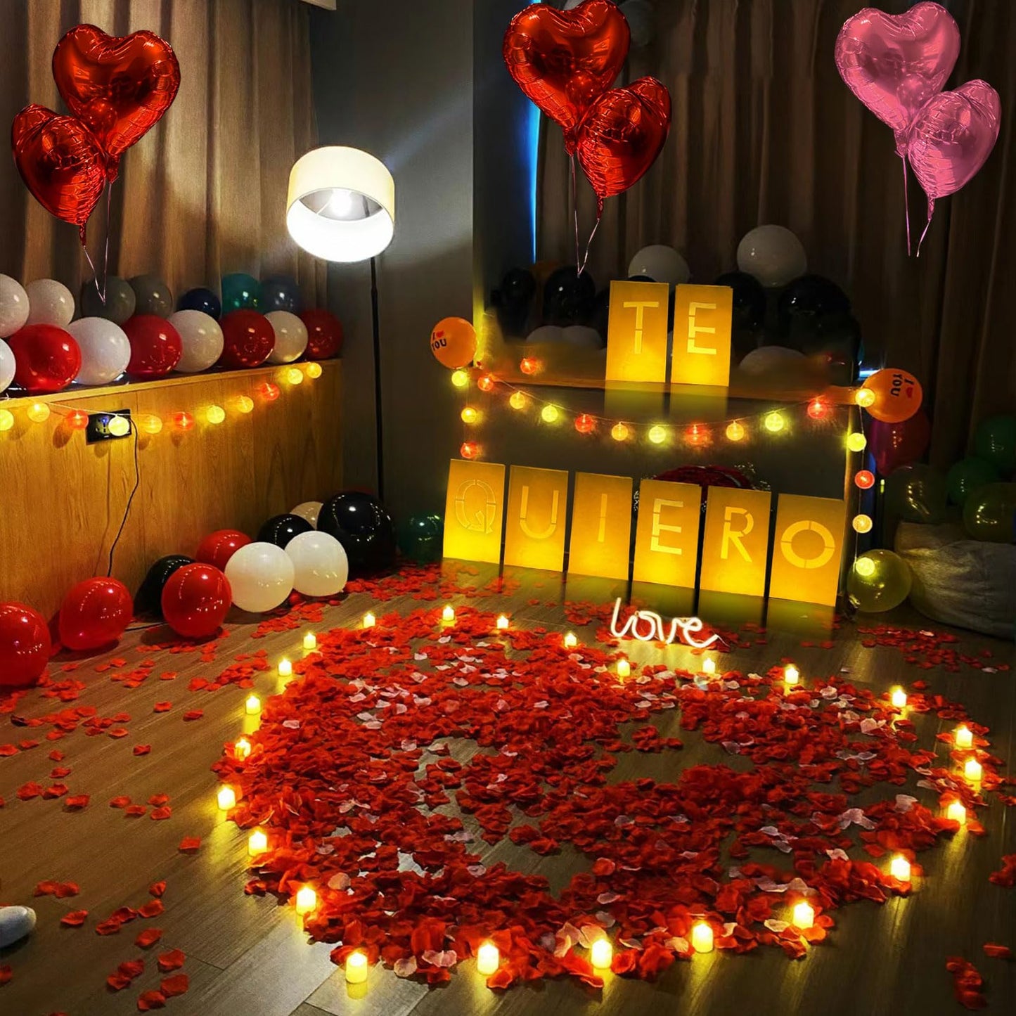 Te Quiero Lighted Letters Sign 17Pcs Luminary Paper Bags 2200Pcs Red Pink Artificial Rose Petals 48Pcs Flameless Led Candle Tealight 15Pcs Heart Balloons Romantic Night ValentineS Day