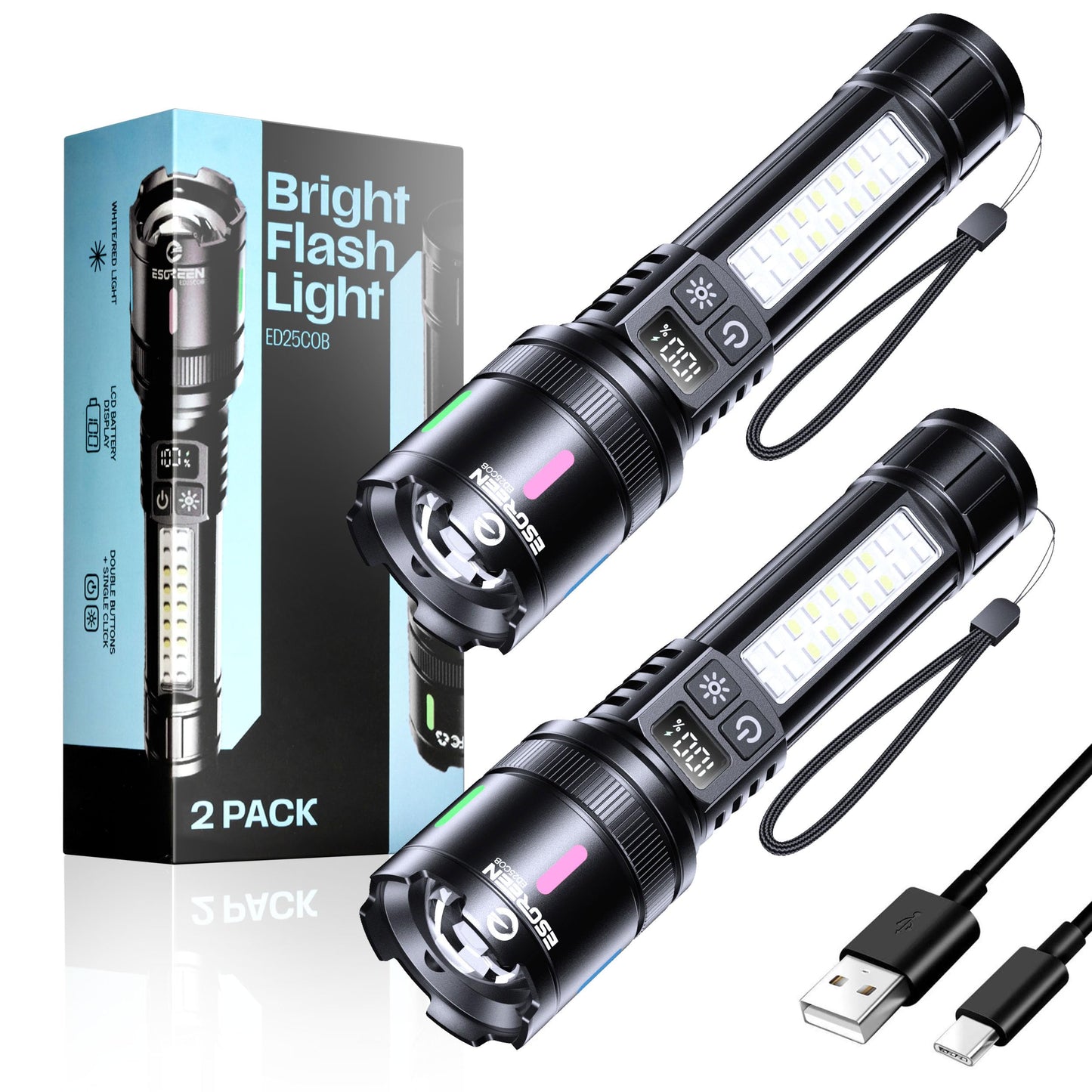 Esgreen Led Rechargeable Flashlights High Lumens 2 Pack  Single Click Bright Flashlight Long Lasting 12H  Compact Handheld Flash Light Usb C  White & Red Light  For Hiking Camping Gift