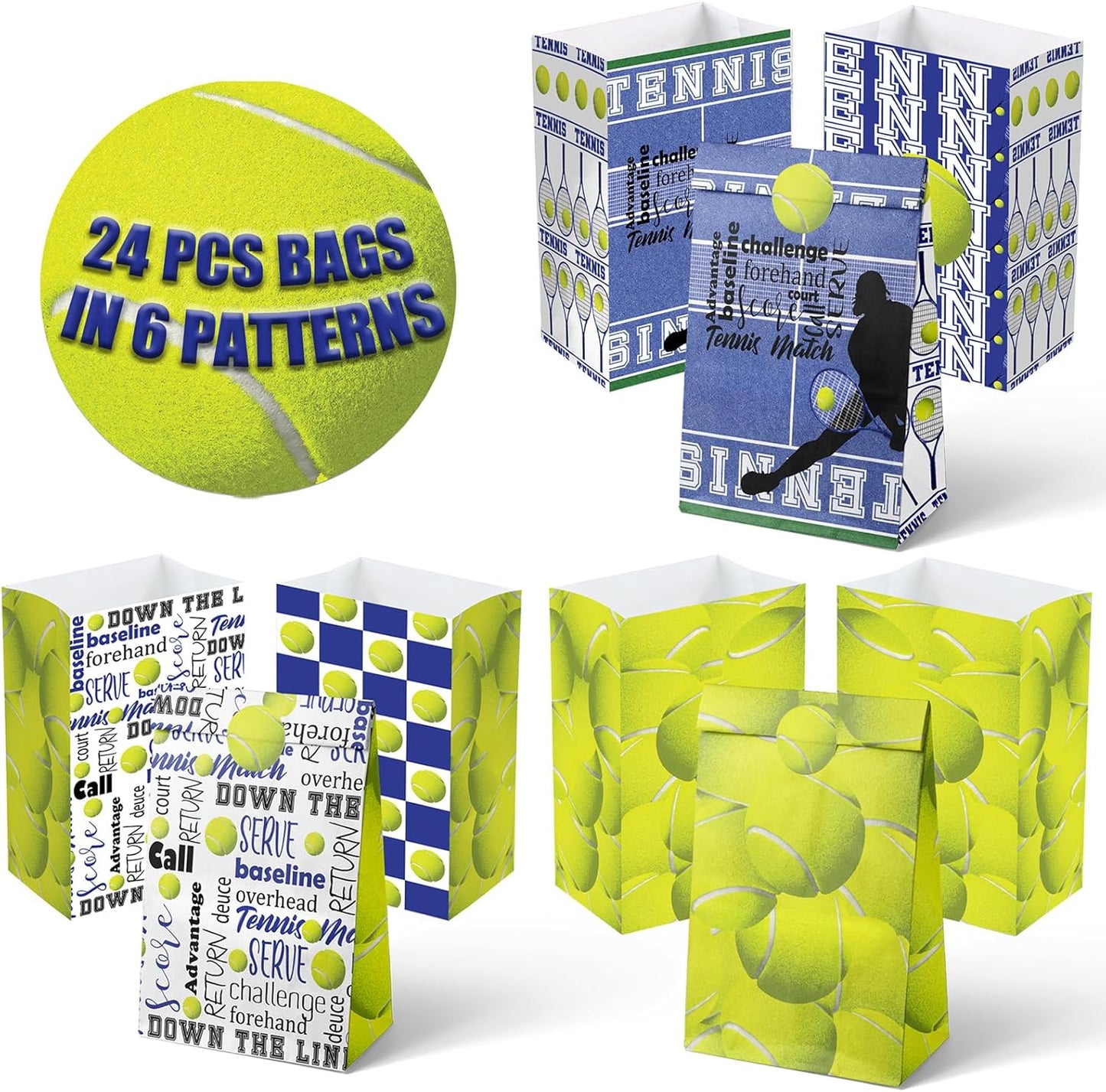 Tennis Party Favor Bags for Kids – 24 Pcs Tennis Gift Bags with 5 Designs, Paper Goodie Bags for Sports Theme Birthday Party Decorations and Supplies