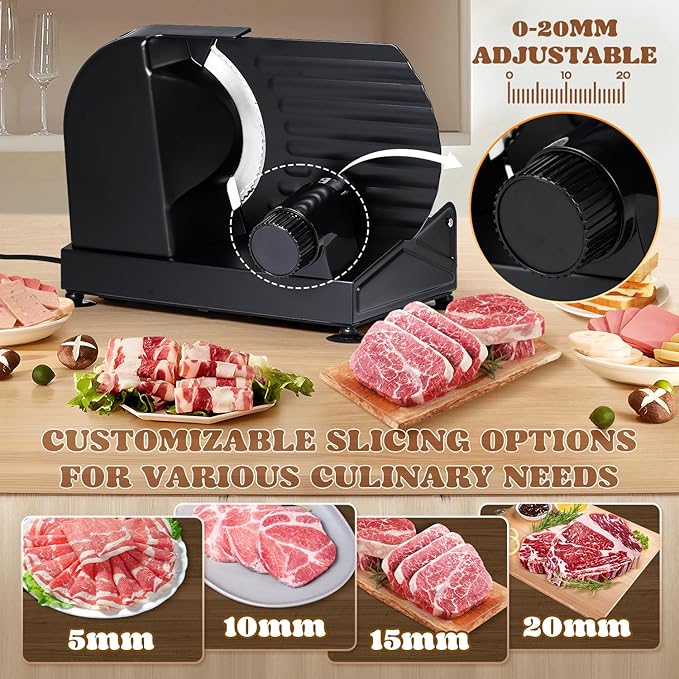 Moongiantgo Electric Meat Slicer 220W, 1-20mm Adjustable Thickness Deli Food Slicer with 2 Removable 7.3" Stainless Steel Blade, Removable Food Platform, Cheese Fruit Bread Slicer for Home,110V