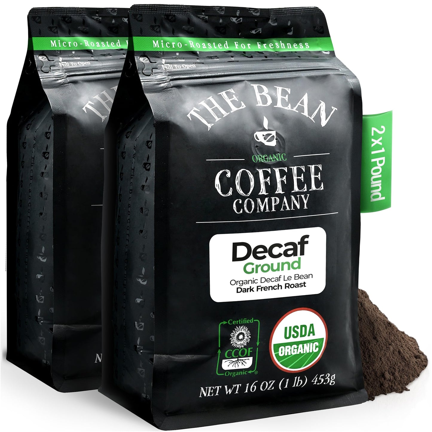 The Bean Organic Coffee Company Water Processed DECAF Le Bean, Dark French Roast, Ground Coffee, 16-Ounce Bags (Pack of 2), Caf