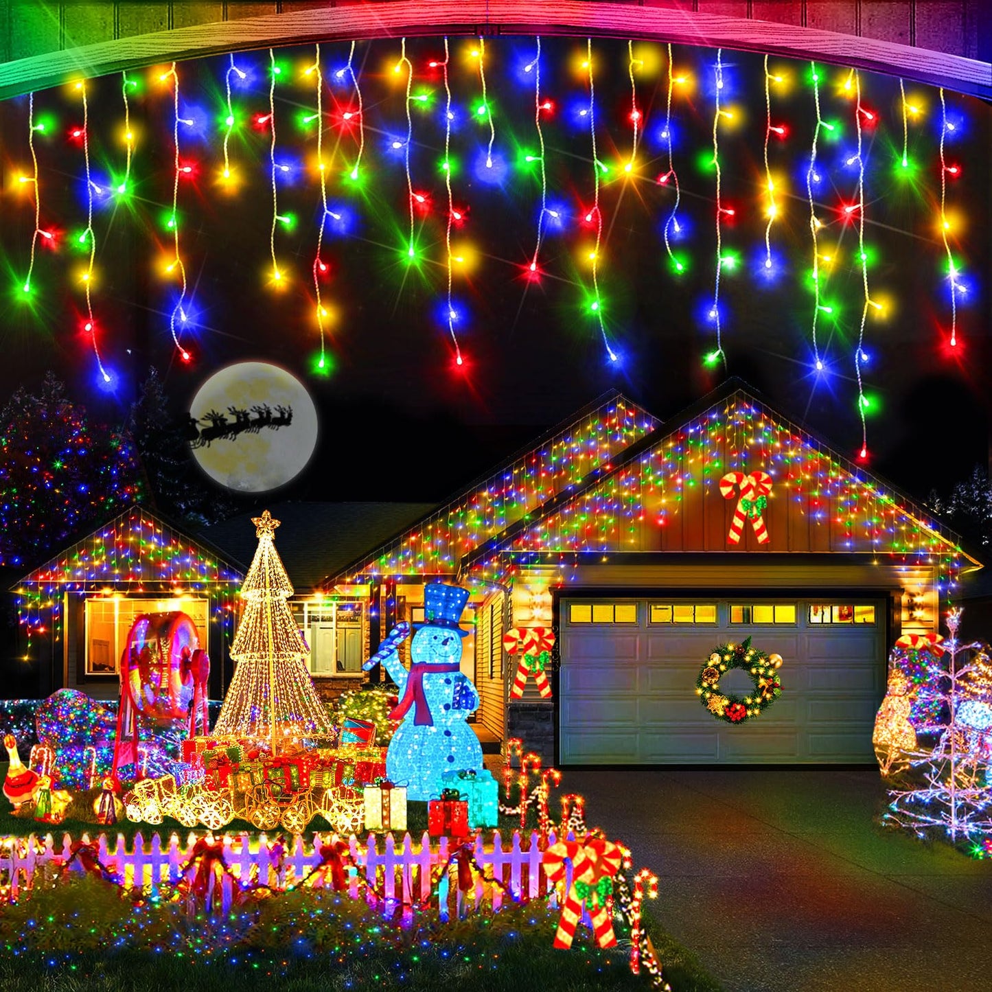 Heceltt Christmas Lights Outdoor 1280 LED 131FT Multicolor Ice String Lights with Timer, Clear Wire, 8 Modes, Model BG-CL3M3-306L01