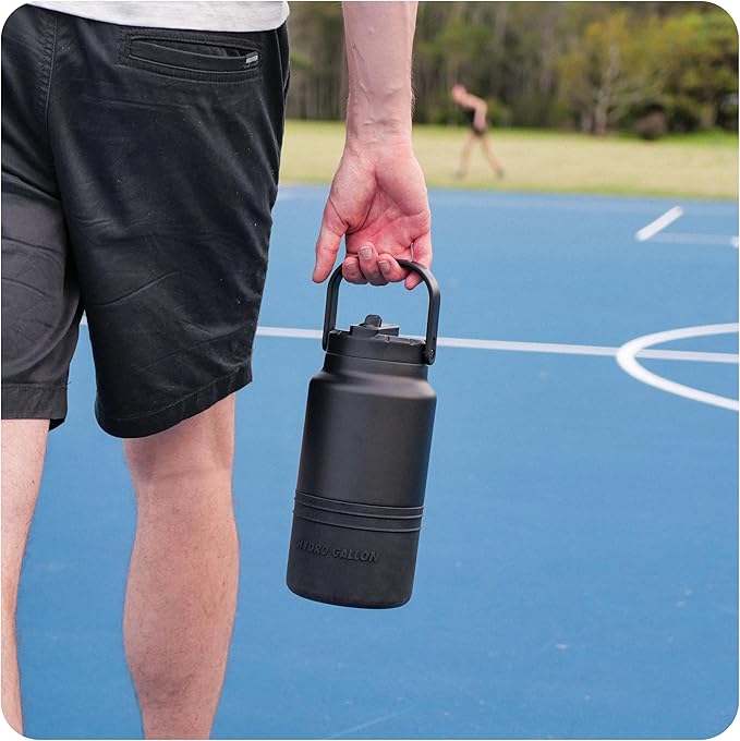Hydro Gallon® Nomad Bottle - Insulated 64oz Half Gallon Water Bottle Jug with Straw Lid, Handle, Silicone Boot. Large Stainless Steel Metal Gym Thermos. Wide mouth, Leakproof, BPA free. 62oz (Black)