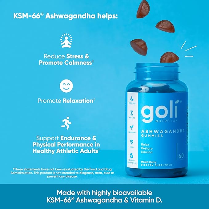 Goli Ashwagandha & Vitamin D Gummy 120 Count - Relax. Restore. Unwind. (Mixed Berry, KSM-66, Vegan, Plant Based, Non-GMO, Gluten-Free & Gelatin Free), Pack of 2