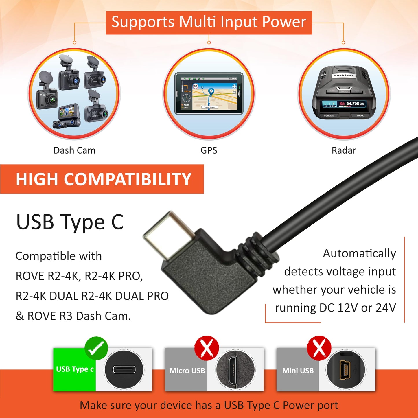Rove Ultimate Dash Cam Hardwire Kit With Usb-C Port For R2-4K, R2-4K Pro, R2-4K Dual, R2-4K Dual Pro, And R3 Dash Camera Models,