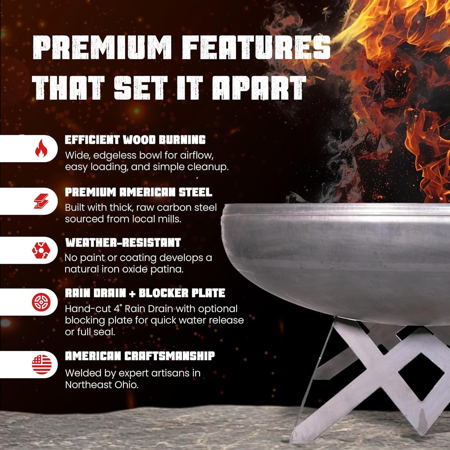Liberty Fire Pit – Ohio Flame Wood Burning Outdoor Fire Pit - 24" Diameter with Angled Base (Made in USA)