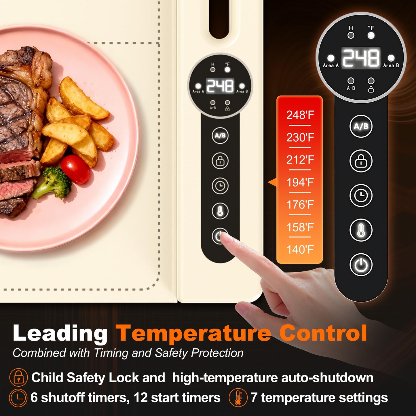 MUALIK Warming Mat for Food, Roll-UP Fast Heating Silicone with 6 Level Temperature, 2 Zone and 3 Pad Parallel Expansion, Automatic On-Off Timer Setting