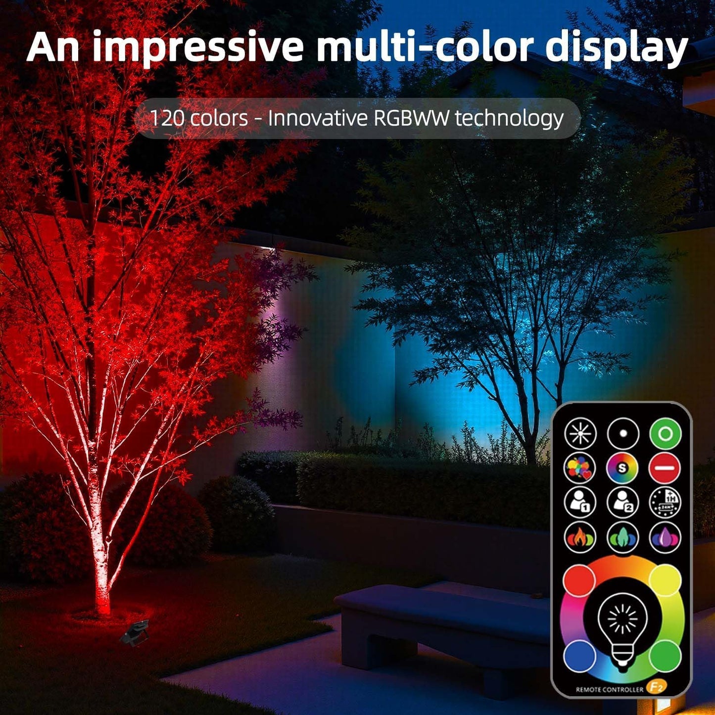 HEKEE LED Flood Light 50W RGB Color Changing 5000 Lumens, 2 Pack, Aluminum, IP66 Waterproof, Black/Clear