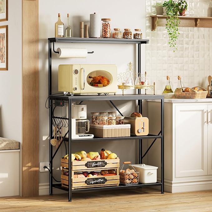 Huuger 4-Tier Bakers Rack with Reversible Power Outlet, 31.5 Inch Microwave Stand, Kitchen Bar, with Top Shelf, 6 S Hooks, Black