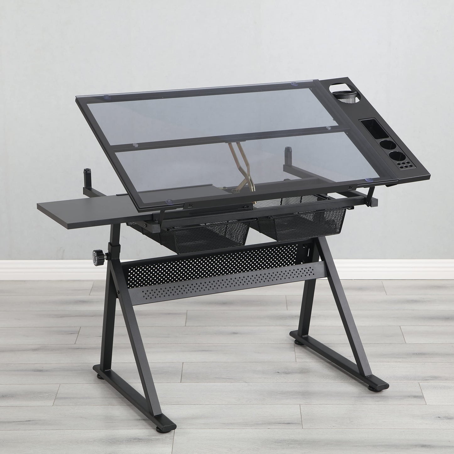 Gecheer Black Adjustable Tempered Glass Drafting Table with Chair, 0-75° Tilt Desktop, 5mm Thick, Two Metal Drawers & Side Storage Strips, Height & Angle Adjustable for Uneven Floors