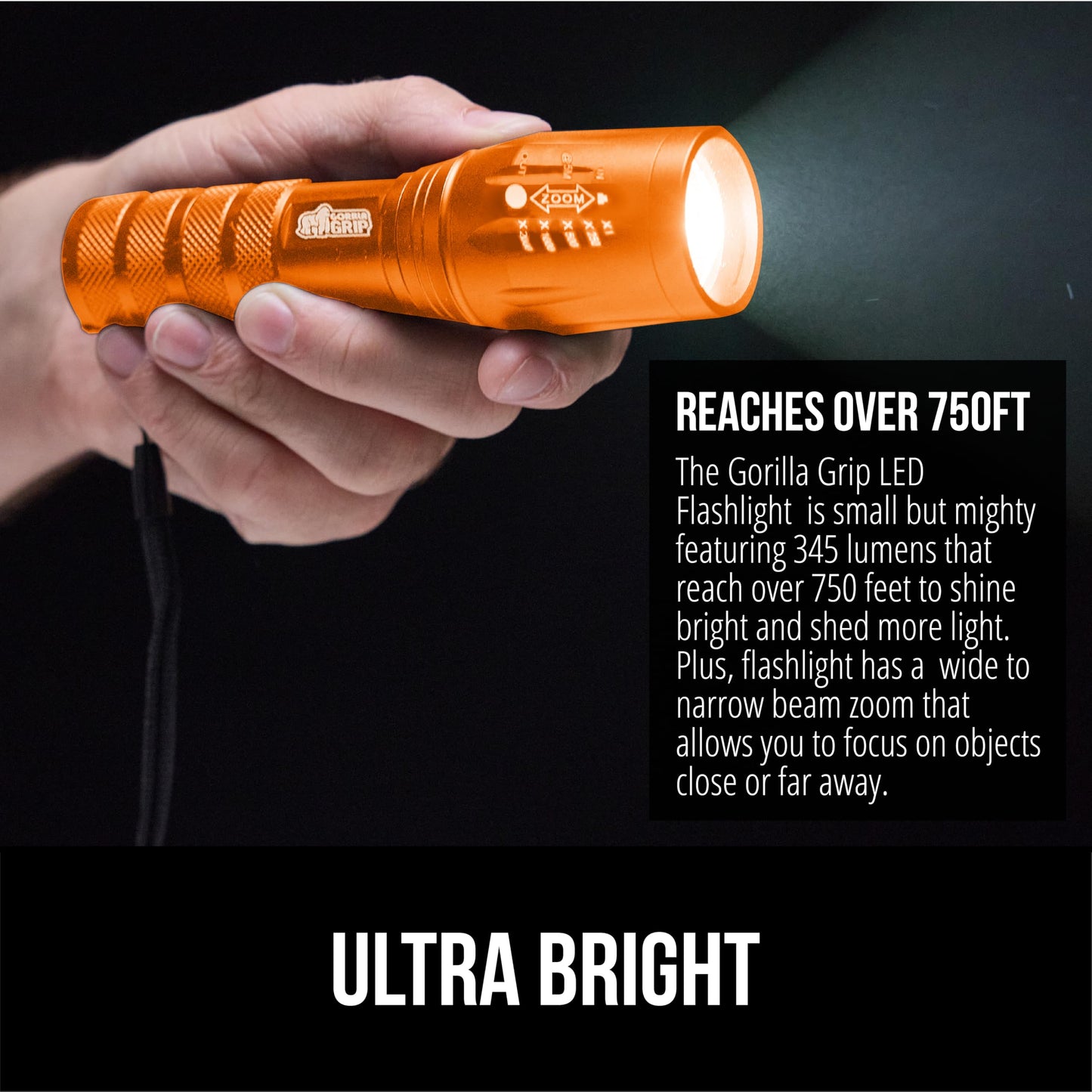 Gorilla Grip LED Tactical Flashlight - High Lumens, 5 Modes, Water Resistant, 750 FT Zoom, Orange, Model 840029684832