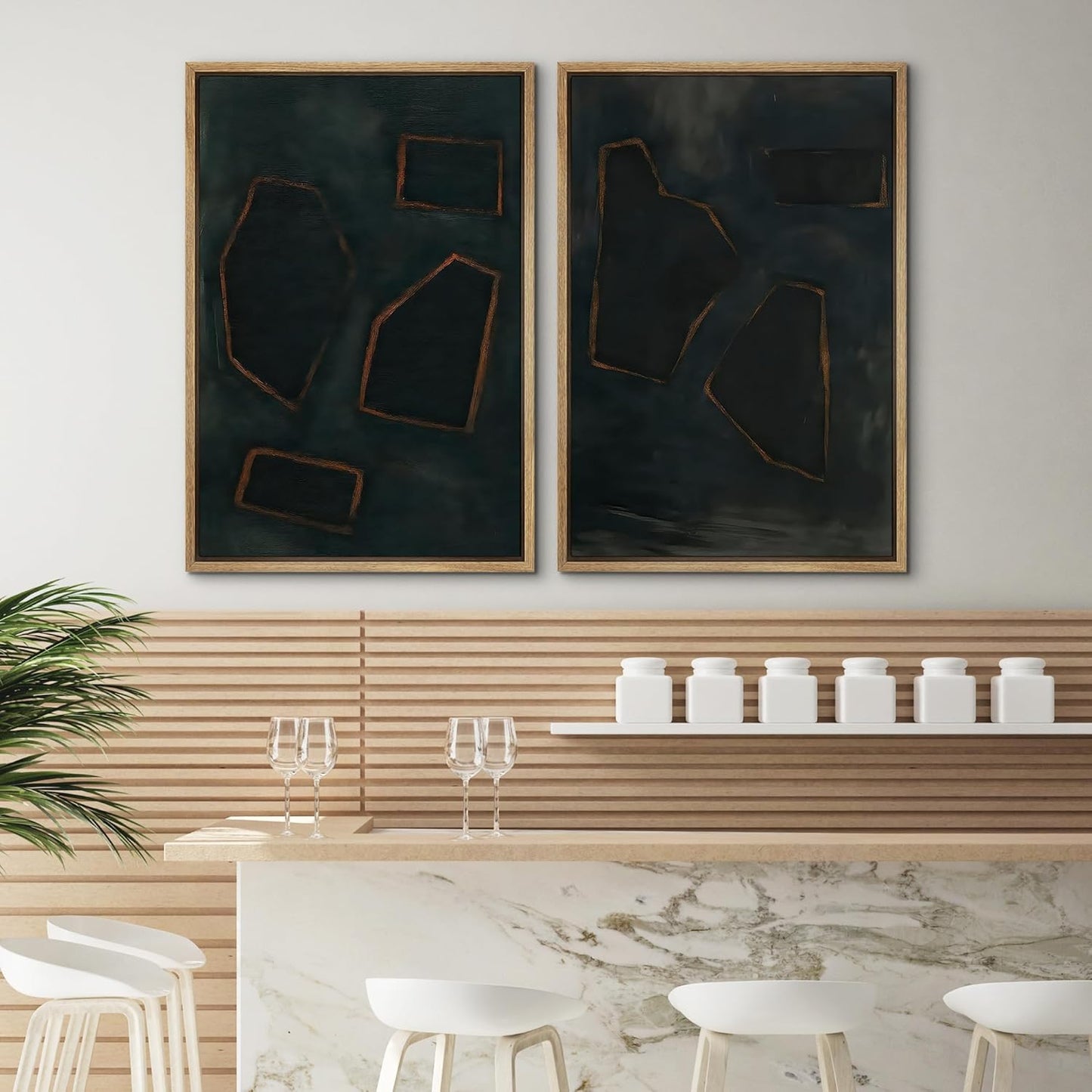 SIGNWIN Framed Wall Art Print Set Dark Geometric Abstract Modern Minimalist Shapes Illustrations Modern Art Rustic Relax/Calm Multicolor for Living Room, Bedroom, Office - 24"x36"x2 NATURAL