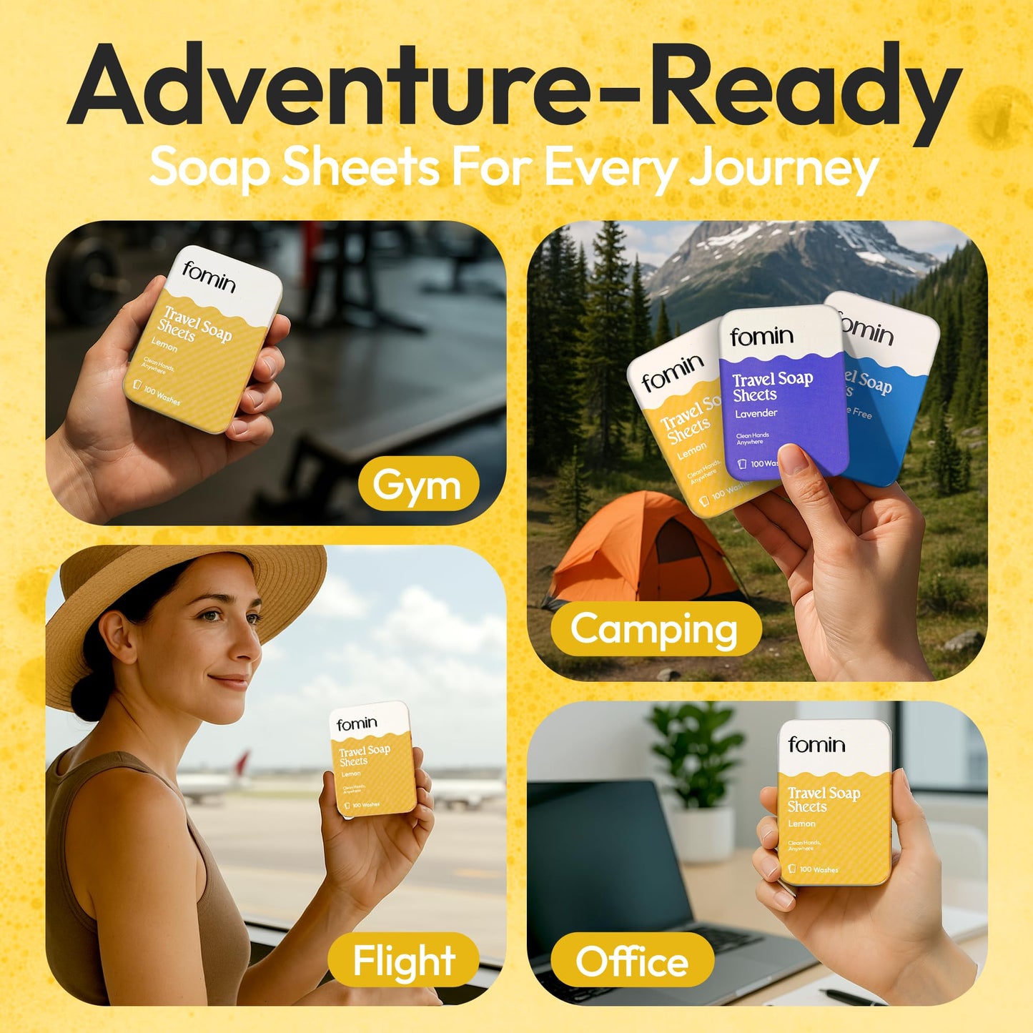 FOMIN - Antibacterial Paper Soap Sheets Tin for Traveling - (300 Sheets) Variety Pack (Unscented, Orange, Lemon) Portable Travel